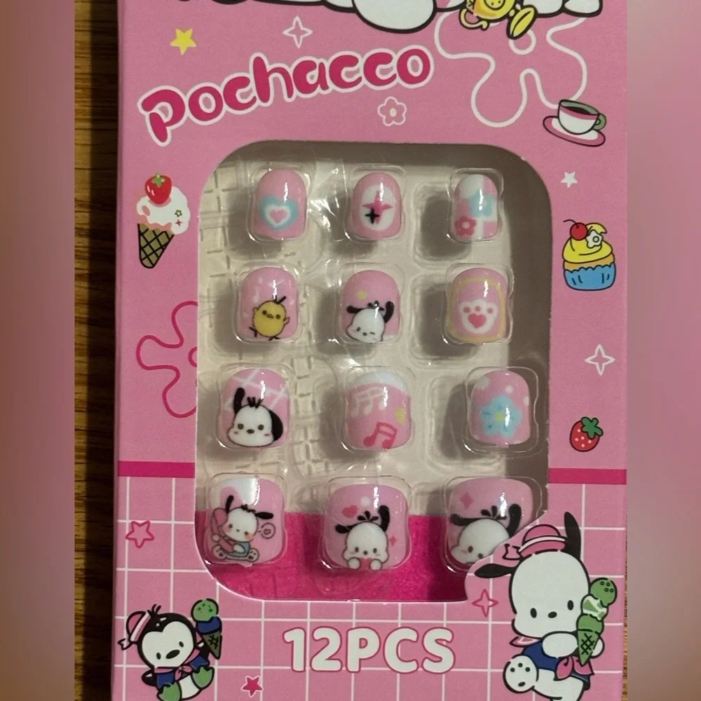 15 packs Little Girls Press On Nails Hello Kitty Melody Kuromi Cinnamoroll &More
